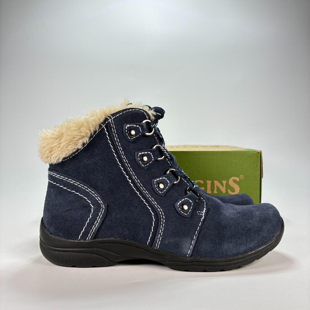 Earth Origins Crowley Navy Suede Fur Water Repellent Ankle Boots Womens Size 8.5